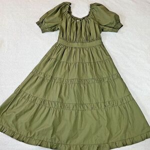 Moon River Puff Sleeve Tiered Ruffle Maxi Dress Women's Medium Olive Green